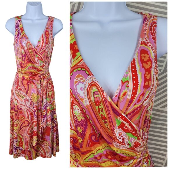 Chaps Faux Wrap Dress Size Small Party Stretch Ruched Waist Ralph Lauren Pink - Picture 1 of 7